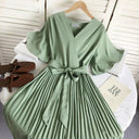 Solid Color High Waist Slim-Fit Pleated Dress Cross Strap Solid Color High Waist Slim-Fit Pleated Dress Cross Strap