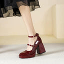 Waterproof Red Wedding Shoes: Retro Chic Strap Design Waterproof Red Wedding Shoes: Retro Chic Strap Design