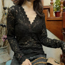 Autumn Chic: Elegant Black Lace V-neck Shirt for Women Autumn Chic: Elegant Black Lace V-neck Shirt for Women