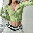 Liviahome Ruched V-neck Long Sleeve Shirt Stylish 2024 Fashion Liviahome Ruched V-neck Long Sleeve Shirt Stylish 2024 Fashion