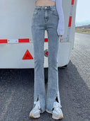 High Waist Flared Jeans Trendy Denim Style with Split Detailing High Waist Flared Jeans Trendy Denim Style with Split Detailing
