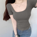 Sexy Square Collar Short Sleeve T-Shirt Women's Summer 2024 Sexy Square Collar Short Sleeve T-Shirt Women's Summer 2024