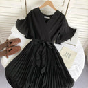 Solid Color High Waist Slim-Fit Pleated Dress Cross Strap Solid Color High Waist Slim-Fit Pleated Dress Cross Strap