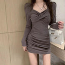 Sleek Gray V-neck Long Sleeve Short Skirt Spring Chic Look Sleek Gray V-neck Long Sleeve Short Skirt Spring Chic Look