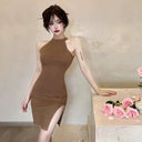 Charming Halter Sheath Skirt Elegant Open Slit Design Charming Halter Sheath Skirt Elegant Open Slit Design