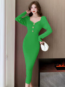 French Square Collar Knit Dress Chic Autumn Winter Style French Square Collar Knit Dress Chic Autumn Winter Style