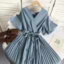 Solid Color High Waist Slim-Fit Pleated Dress Cross Strap Solid Color High Waist Slim-Fit Pleated Dress Cross Strap