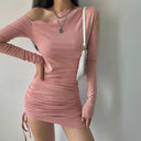 Slim-Fit Oblique Shoulder Sheath Dress Elegant Drawstring Waist Slim-Fit Oblique Shoulder Sheath Dress Elegant Drawstring Waist