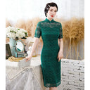 Green Lace Cheongsam Dress Retro Style Evening Wear Green Lace Cheongsam Dress Retro Style Evening Wear