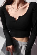 Sexy Black V-neck Midriff-Baring T-shirt Chic Splicing Design Sexy Black V-neck Midriff-Baring T-shirt Chic Splicing Design