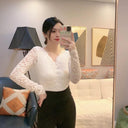 Autumn Chic: Elegant Black Lace V-neck Shirt for Women Autumn Chic: Elegant Black Lace V-neck Shirt for Women