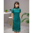 Green Lace Cheongsam Dress Retro Style Evening Wear Green Lace Cheongsam Dress Retro Style Evening Wear