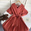 Solid Color High Waist Slim-Fit Pleated Dress Cross Strap Solid Color High Waist Slim-Fit Pleated Dress Cross Strap