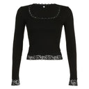 Stylish Dark Square Neck T-shirt Trendy Lace Trim Fashion Stylish Dark Square Neck T-shirt Trendy Lace Trim Fashion