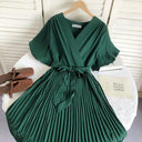 Solid Color High Waist Slim-Fit Pleated Dress Cross Strap Solid Color High Waist Slim-Fit Pleated Dress Cross Strap