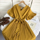 Solid Color High Waist Slim-Fit Pleated Dress Cross Strap Solid Color High Waist Slim-Fit Pleated Dress Cross Strap