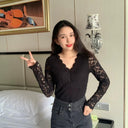 Autumn Chic: Elegant Black Lace V-neck Shirt for Women Autumn Chic: Elegant Black Lace V-neck Shirt for Women