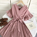 Solid Color High Waist Slim-Fit Pleated Dress Cross Strap Solid Color High Waist Slim-Fit Pleated Dress Cross Strap