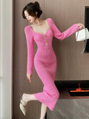 French Square Collar Knit Dress Chic Autumn Winter Style French Square Collar Knit Dress Chic Autumn Winter Style