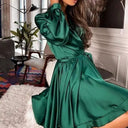 Dress with Belt Long Sleeves V Neck Solid Color A Line Dress Dress with Belt Long Sleeves V Neck Solid Color A Line Dress