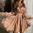 Dress with Belt Long Sleeves V Neck Solid Color A Line Dress Dress with Belt Long Sleeves V Neck Solid Color A Line Dress