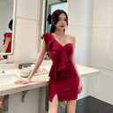 Korean V Neck Summer Dress Irregular Silhouette Elegance Korean V Neck Summer Dress Irregular Silhouette Elegance