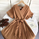 Solid Color High Waist Slim-Fit Pleated Dress Cross Strap Solid Color High Waist Slim-Fit Pleated Dress Cross Strap