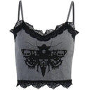 Gothic Cross Print Lace Trim Crop Top Edgy Corset Tank Gothic Cross Print Lace Trim Crop Top Edgy Corset Tank