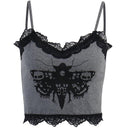 Gothic Cross Print Lace Trim Crop Top Edgy Corset Tank Gothic Cross Print Lace Trim Crop Top Edgy Corset Tank