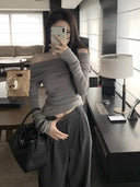 Knit Slash Neck Sweater: Stylish Defined Waist Elegant Top Knit Slash Neck Sweater: Stylish Defined Waist Elegant Top