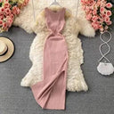 Korean Knitted V Neck Bodycon Dress Chic Hollow Out Style Korean Knitted V Neck Bodycon Dress Chic Hollow Out Style