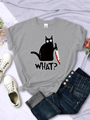 Urban Chic Black Cat Knife Print Tee for Women Fashion Urban Chic Black Cat Knife Print Tee for Women Fashion