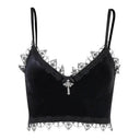Gothic Cross Print Lace Trim Crop Top Edgy Corset Tank Gothic Cross Print Lace Trim Crop Top Edgy Corset Tank
