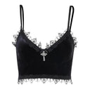 Gothic Cross Print Lace Trim Crop Top Edgy Corset Tank Gothic Cross Print Lace Trim Crop Top Edgy Corset Tank