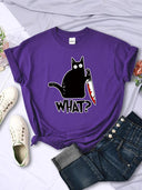 Urban Chic Black Cat Knife Print Tee for Women Fashion Urban Chic Black Cat Knife Print Tee for Women Fashion