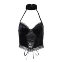 Gothic Cross Print Lace Trim Crop Top Edgy Corset Tank Gothic Cross Print Lace Trim Crop Top Edgy Corset Tank