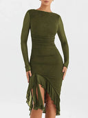 Elegant Sheer Sleeve Ruched Midi Dress For Women Fashion Elegant Sheer Sleeve Ruched Midi Dress For Women Fashion