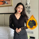 Autumn Chic: Elegant Black Lace V-neck Shirt for Women Autumn Chic: Elegant Black Lace V-neck Shirt for Women