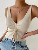 Ribbed Knit V-Neck Crop Top Chic Drawstring Tank Summer Style Ribbed Knit V-Neck Crop Top Chic Drawstring Tank Summer Style