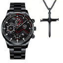 Men's Stainless Steel Quartz Watch with Calendar & Necklace Set Men's Stainless Steel Quartz Watch with Calendar & Necklace Set