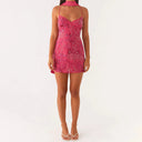 Hirigin Sequin Beaded Cami Mini Dress Criss Cross Straps V Neck Backless Hirigin Sequin Beaded Cami Mini Dress Criss Cross Straps V Neck Backless