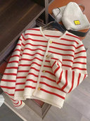 Striped Knit Cardigan: Stylish O-Neck Sweater for Women Striped Knit Cardigan: Stylish O-Neck Sweater for Women