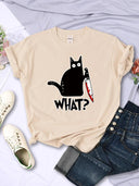Urban Chic Black Cat Knife Print Tee for Women Fashion Urban Chic Black Cat Knife Print Tee for Women Fashion