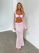 Women's Crochet Knit 2 Piece Set: Backless Crop Top Skirt Women's Crochet Knit 2 Piece Set: Backless Crop Top Skirt