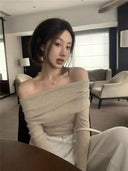 Knit Slash Neck Sweater: Stylish Defined Waist Elegant Top Knit Slash Neck Sweater: Stylish Defined Waist Elegant Top