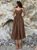 Brown Linen A-Line Party Dress Chic Elegance for Women Brown Linen A-Line Party Dress Chic Elegance for Women