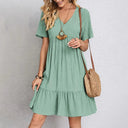 Chic Summer Mini Dress V Neck Pleated Ruffle Style Chic Summer Mini Dress V Neck Pleated Ruffle Style
