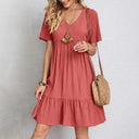 Chic Summer Mini Dress V Neck Pleated Ruffle Style Chic Summer Mini Dress V Neck Pleated Ruffle Style