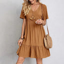 Chic Summer Mini Dress V Neck Pleated Ruffle Style Chic Summer Mini Dress V Neck Pleated Ruffle Style