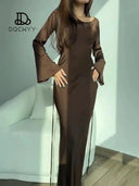 Elegant Lace Up Satin Flare Sleeve Dress For Evening Parties Elegant Lace Up Satin Flare Sleeve Dress For Evening Parties